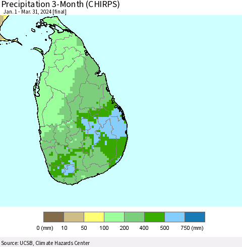 Sri Lanka Precipitation 3-Month (CHIRPS) Thematic Map For 1/1/2024 - 3/31/2024