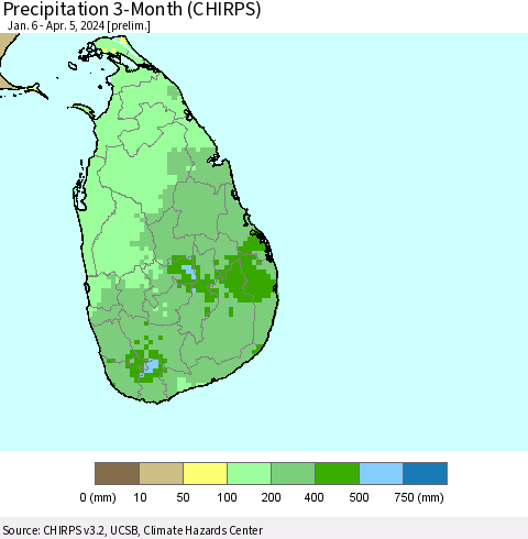 Sri Lanka Precipitation 3-Month (CHIRPS) Thematic Map For 1/6/2024 - 4/5/2024