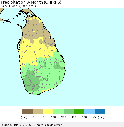 Sri Lanka Precipitation 3-Month (CHIRPS) Thematic Map For 1/11/2024 - 4/10/2024