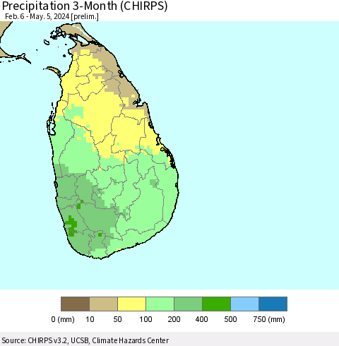 Sri Lanka Precipitation 3-Month (CHIRPS) Thematic Map For 2/6/2024 - 5/5/2024