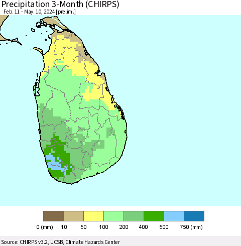 Sri Lanka Precipitation 3-Month (CHIRPS) Thematic Map For 2/11/2024 - 5/10/2024