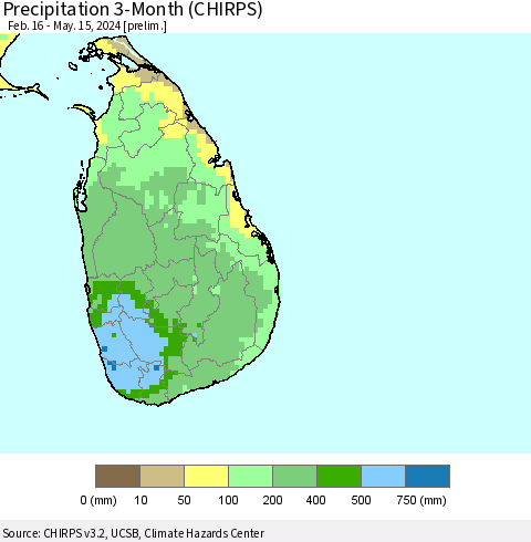 Sri Lanka Precipitation 3-Month (CHIRPS) Thematic Map For 2/16/2024 - 5/15/2024