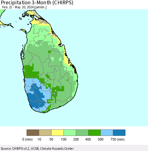 Sri Lanka Precipitation 3-Month (CHIRPS) Thematic Map For 2/21/2024 - 5/20/2024