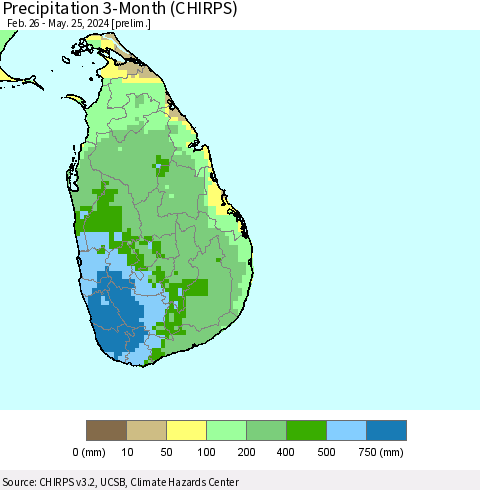 Sri Lanka Precipitation 3-Month (CHIRPS) Thematic Map For 2/26/2024 - 5/25/2024