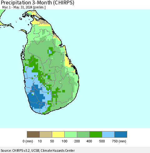 Sri Lanka Precipitation 3-Month (CHIRPS) Thematic Map For 3/1/2024 - 5/31/2024