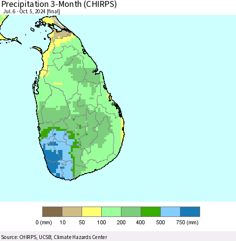 Sri Lanka Precipitation 3-Month (CHIRPS) Thematic Map For 7/6/2024 - 10/5/2024