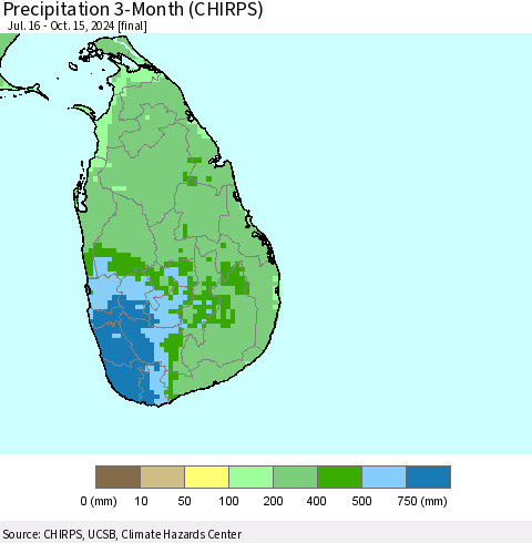 Sri Lanka Precipitation 3-Month (CHIRPS) Thematic Map For 7/16/2024 - 10/15/2024