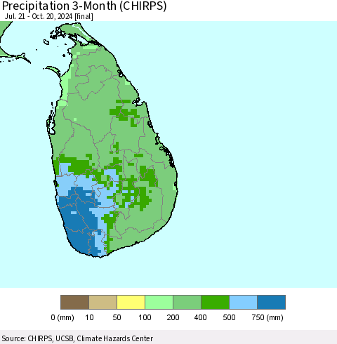 Sri Lanka Precipitation 3-Month (CHIRPS) Thematic Map For 7/21/2024 - 10/20/2024
