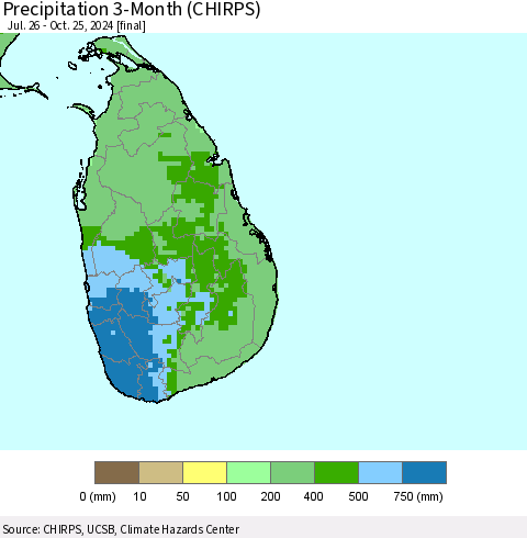 Sri Lanka Precipitation 3-Month (CHIRPS) Thematic Map For 7/26/2024 - 10/25/2024