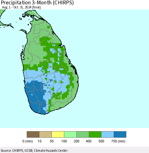 Sri Lanka Precipitation 3-Month (CHIRPS) Thematic Map For 8/1/2024 - 10/31/2024