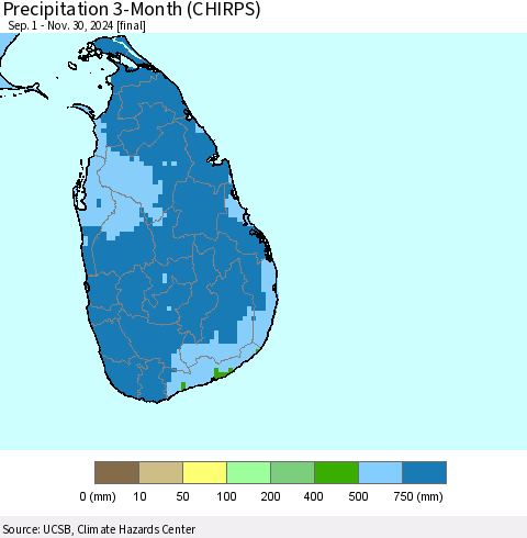 Sri Lanka Precipitation 3-Month (CHIRPS) Thematic Map For 9/1/2024 - 11/30/2024