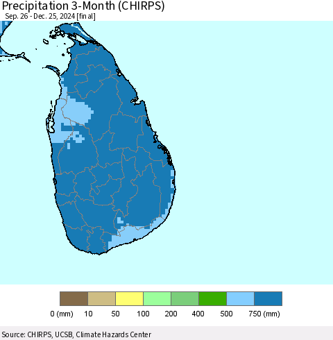 Sri Lanka Precipitation 3-Month (CHIRPS) Thematic Map For 9/26/2024 - 12/25/2024