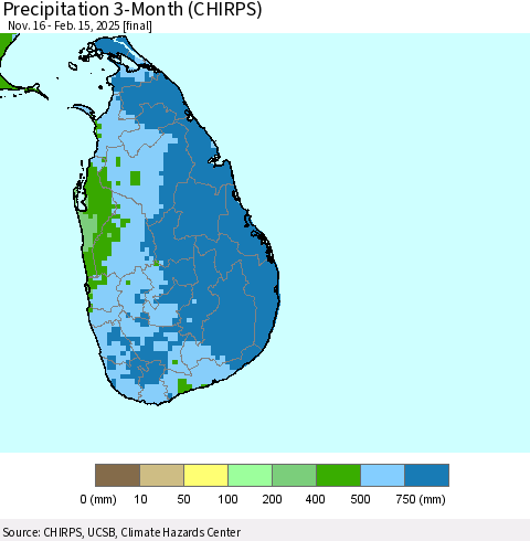 Sri Lanka Precipitation 3-Month (CHIRPS) Thematic Map For 11/16/2024 - 2/15/2025