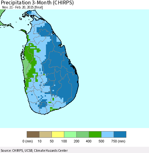 Sri Lanka Precipitation 3-Month (CHIRPS) Thematic Map For 11/21/2024 - 2/20/2025