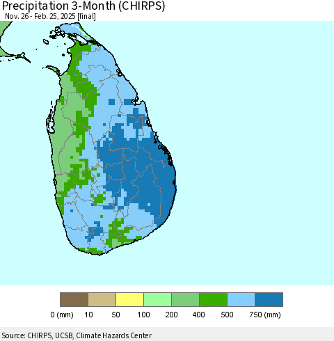 Sri Lanka Precipitation 3-Month (CHIRPS) Thematic Map For 11/26/2024 - 2/25/2025