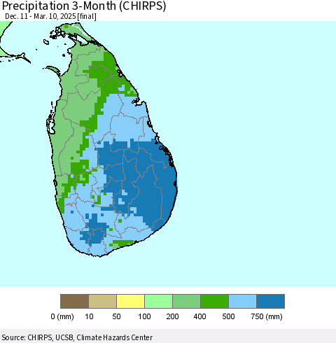 Sri Lanka Precipitation 3-Month (CHIRPS) Thematic Map For 12/11/2024 - 3/10/2025