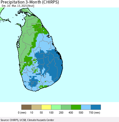 Sri Lanka Precipitation 3-Month (CHIRPS) Thematic Map For 12/16/2024 - 3/15/2025