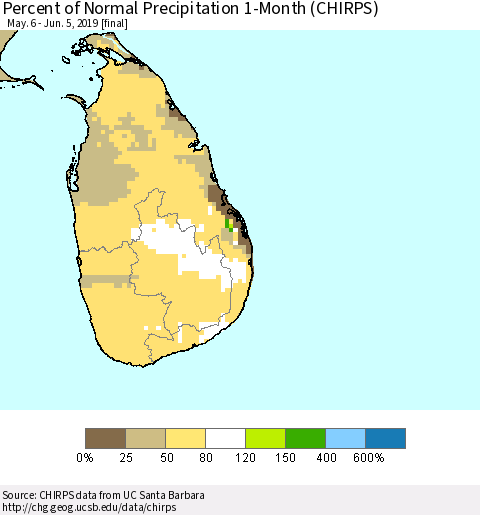 Sri Lanka Percent of Normal Precipitation 1-Month (CHIRPS) Thematic Map For 5/6/2019 - 6/5/2019