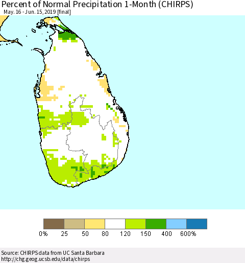 Sri Lanka Percent of Normal Precipitation 1-Month (CHIRPS) Thematic Map For 5/16/2019 - 6/15/2019
