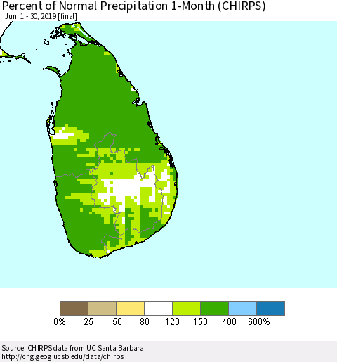 Sri Lanka Percent of Normal Precipitation 1-Month (CHIRPS) Thematic Map For 6/1/2019 - 6/30/2019