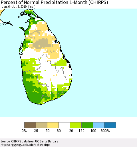 Sri Lanka Percent of Normal Precipitation 1-Month (CHIRPS) Thematic Map For 6/6/2019 - 7/5/2019