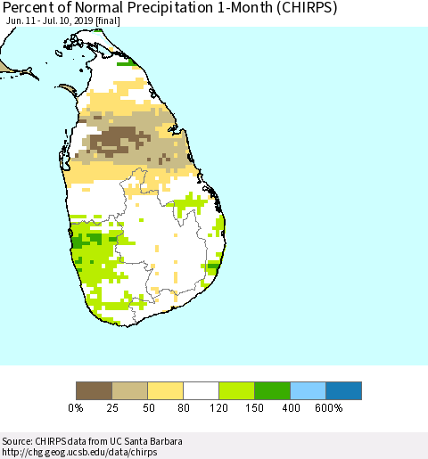 Sri Lanka Percent of Normal Precipitation 1-Month (CHIRPS) Thematic Map For 6/11/2019 - 7/10/2019