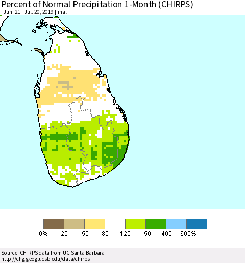 Sri Lanka Percent of Normal Precipitation 1-Month (CHIRPS) Thematic Map For 6/21/2019 - 7/20/2019