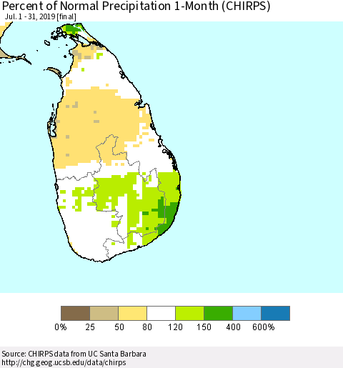 Sri Lanka Percent of Normal Precipitation 1-Month (CHIRPS) Thematic Map For 7/1/2019 - 7/31/2019