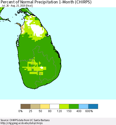 Sri Lanka Percent of Normal Precipitation 1-Month (CHIRPS) Thematic Map For 7/26/2019 - 8/25/2019