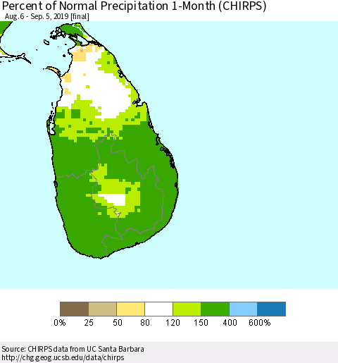Sri Lanka Percent of Normal Precipitation 1-Month (CHIRPS) Thematic Map For 8/6/2019 - 9/5/2019