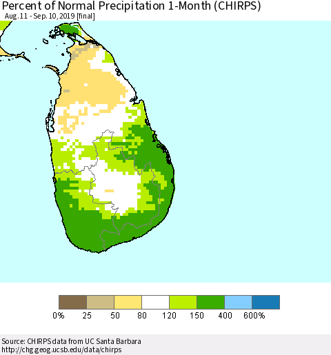 Sri Lanka Percent of Normal Precipitation 1-Month (CHIRPS) Thematic Map For 8/11/2019 - 9/10/2019