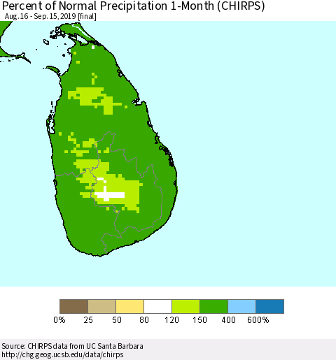 Sri Lanka Percent of Normal Precipitation 1-Month (CHIRPS) Thematic Map For 8/16/2019 - 9/15/2019