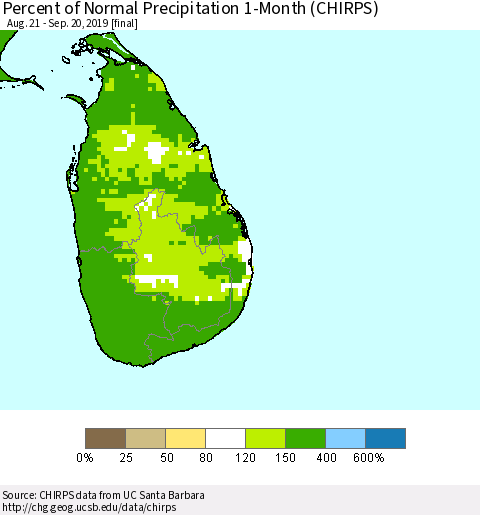 Sri Lanka Percent of Normal Precipitation 1-Month (CHIRPS) Thematic Map For 8/21/2019 - 9/20/2019