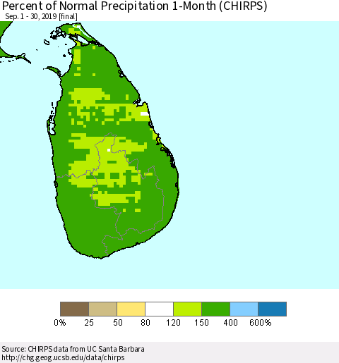 Sri Lanka Percent of Normal Precipitation 1-Month (CHIRPS) Thematic Map For 9/1/2019 - 9/30/2019