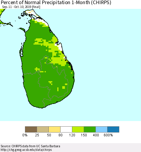 Sri Lanka Percent of Normal Precipitation 1-Month (CHIRPS) Thematic Map For 9/11/2019 - 10/10/2019