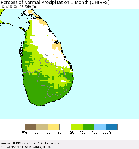 Sri Lanka Percent of Normal Precipitation 1-Month (CHIRPS) Thematic Map For 9/16/2019 - 10/15/2019