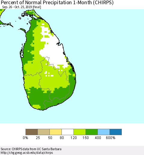 Sri Lanka Percent of Normal Precipitation 1-Month (CHIRPS) Thematic Map For 9/26/2019 - 10/25/2019