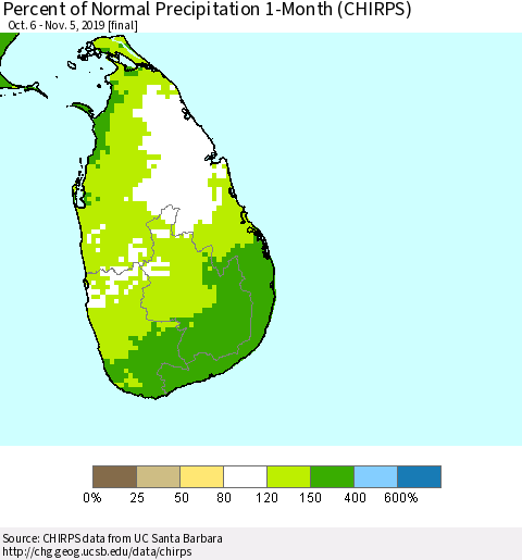 Sri Lanka Percent of Normal Precipitation 1-Month (CHIRPS) Thematic Map For 10/6/2019 - 11/5/2019