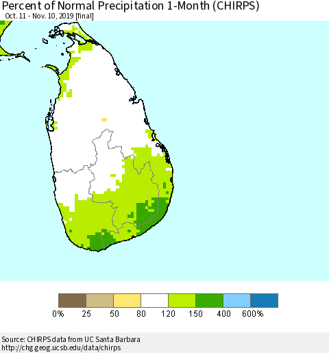Sri Lanka Percent of Normal Precipitation 1-Month (CHIRPS) Thematic Map For 10/11/2019 - 11/10/2019