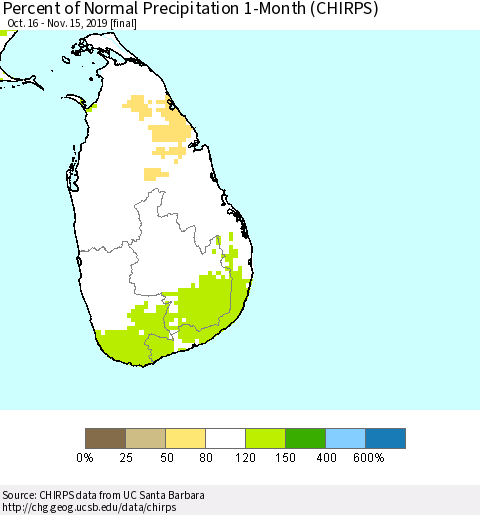 Sri Lanka Percent of Normal Precipitation 1-Month (CHIRPS) Thematic Map For 10/16/2019 - 11/15/2019