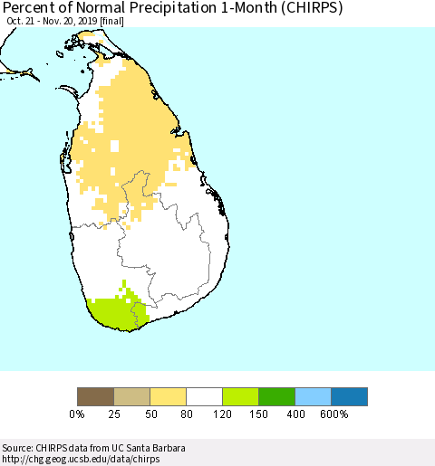 Sri Lanka Percent of Normal Precipitation 1-Month (CHIRPS) Thematic Map For 10/21/2019 - 11/20/2019