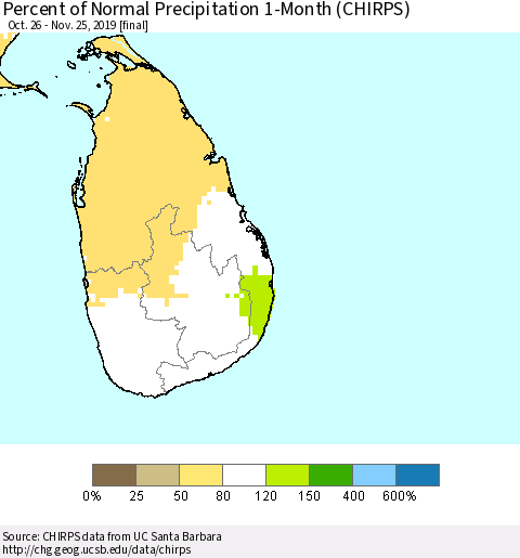 Sri Lanka Percent of Normal Precipitation 1-Month (CHIRPS) Thematic Map For 10/26/2019 - 11/25/2019