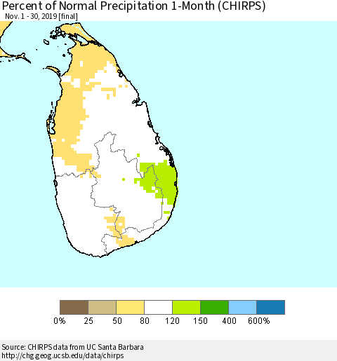 Sri Lanka Percent of Normal Precipitation 1-Month (CHIRPS) Thematic Map For 11/1/2019 - 11/30/2019