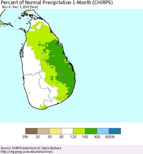 Sri Lanka Percent of Normal Precipitation 1-Month (CHIRPS) Thematic Map For 11/6/2019 - 12/5/2019