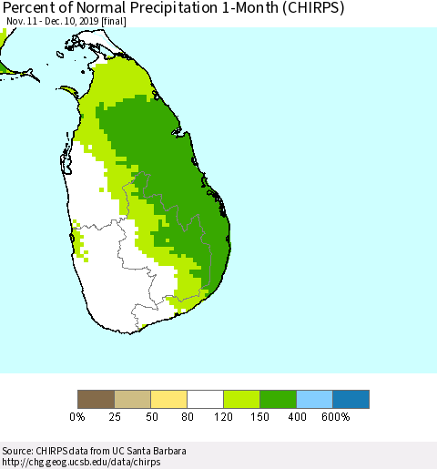 Sri Lanka Percent of Normal Precipitation 1-Month (CHIRPS) Thematic Map For 11/11/2019 - 12/10/2019