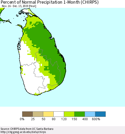 Sri Lanka Percent of Normal Precipitation 1-Month (CHIRPS) Thematic Map For 11/16/2019 - 12/15/2019