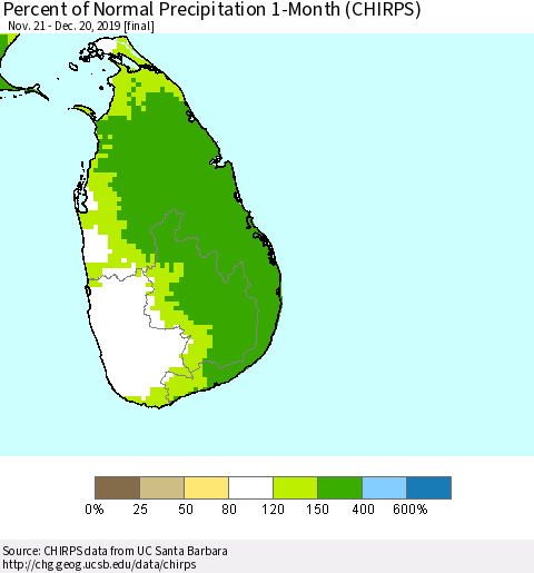 Sri Lanka Percent of Normal Precipitation 1-Month (CHIRPS) Thematic Map For 11/21/2019 - 12/20/2019