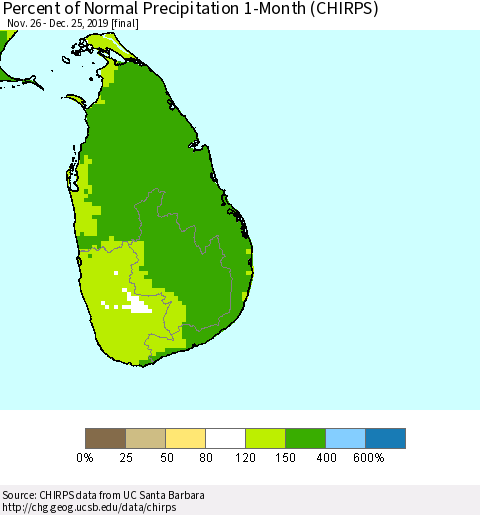 Sri Lanka Percent of Normal Precipitation 1-Month (CHIRPS) Thematic Map For 11/26/2019 - 12/25/2019