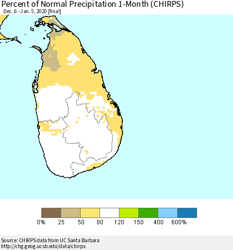 Sri Lanka Percent of Normal Precipitation 1-Month (CHIRPS) Thematic Map For 12/6/2019 - 1/5/2020