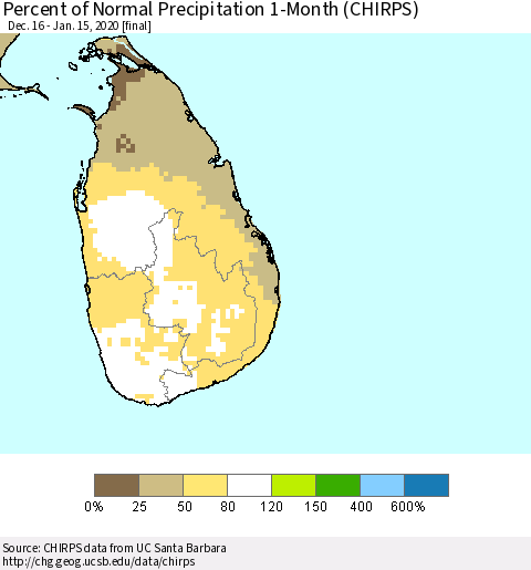 Sri Lanka Percent of Normal Precipitation 1-Month (CHIRPS) Thematic Map For 12/16/2019 - 1/15/2020